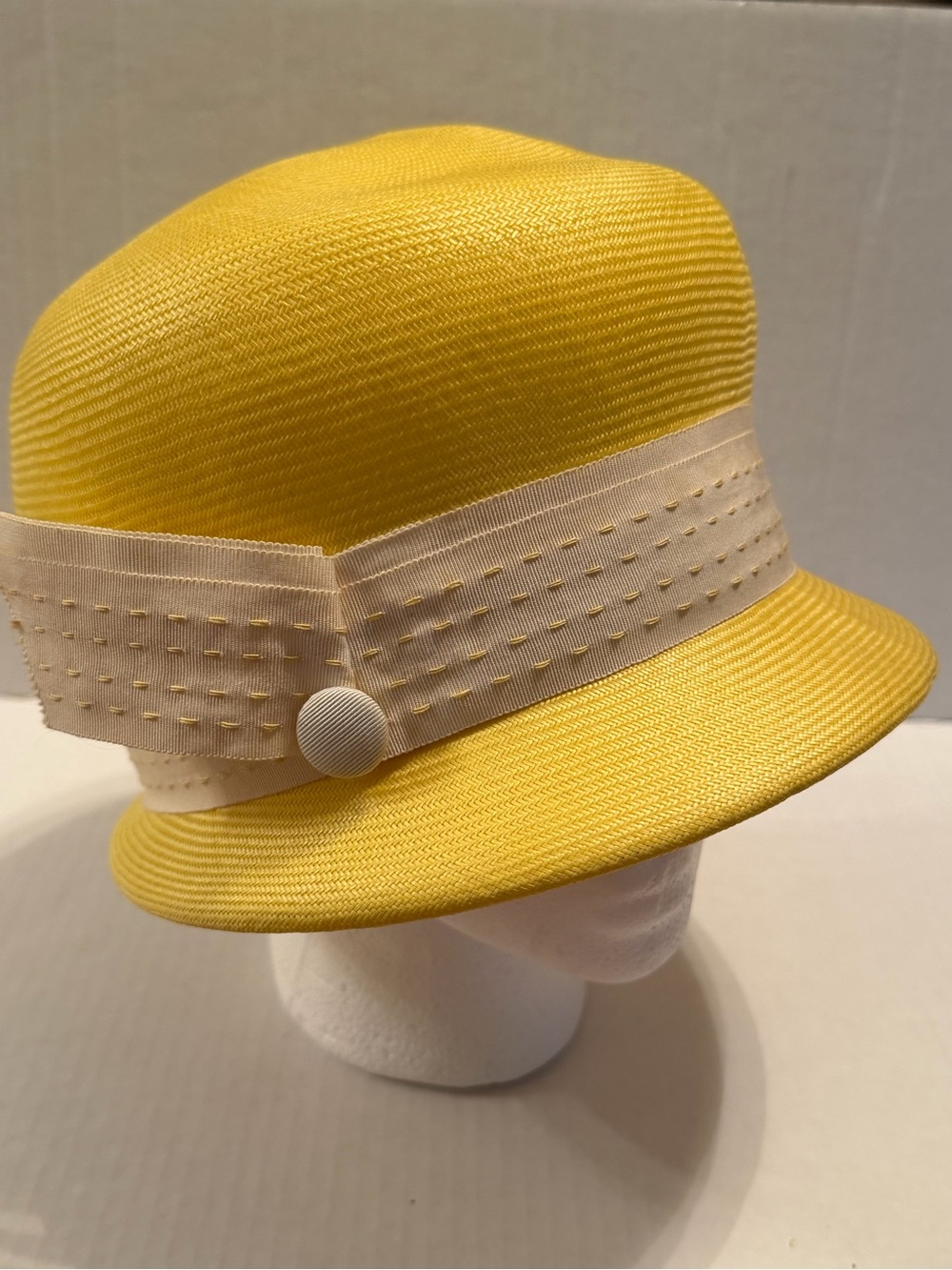 Vintage Yellow Cloche Hat with Cream Band Flapper Style Mr John Classic 60s